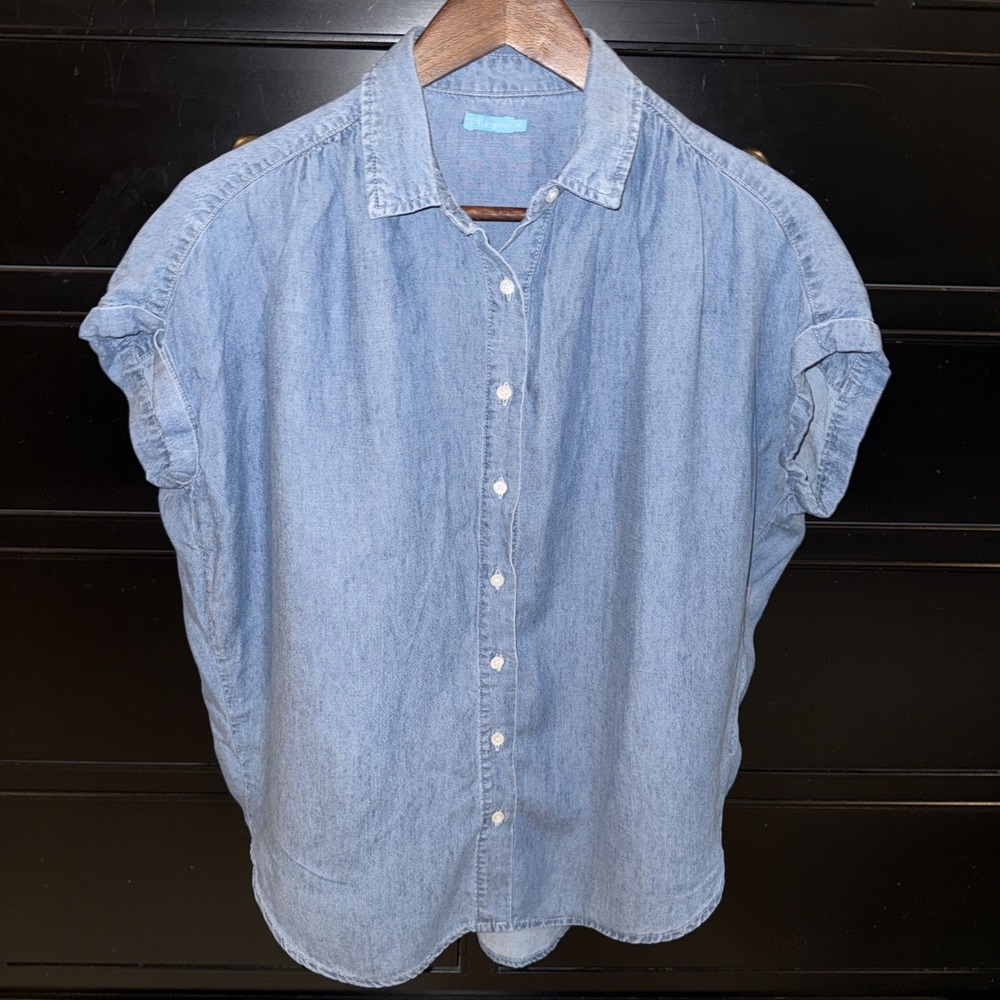 J McLaughlin Chambray Denim Button Up Cuffed Sleeve Blouse Linen Lyocell Blue XS
